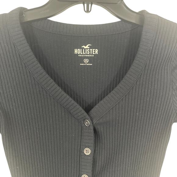 Hollister Black Ribbed Henley Top XS Button A&F Elena Gilbert Bella Y2K Inspire - Picture 3 of 8